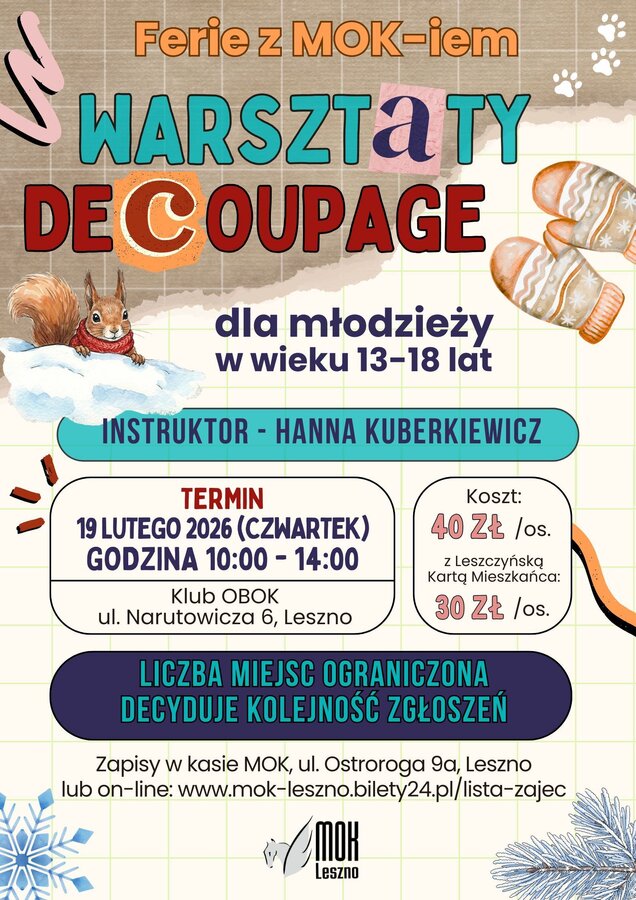 Ferie z MOK-iem. Warsztaty DECOUPAGE dla młodzieży. 19 lutego 2026 r.